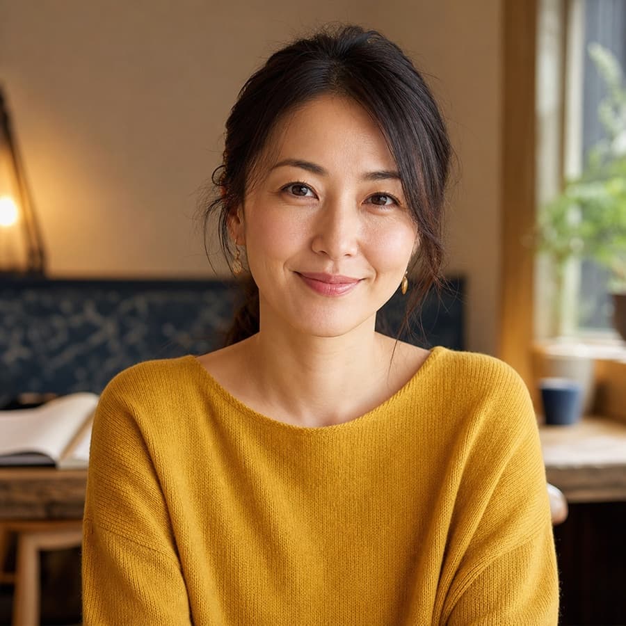 落ち着いた教室にいる架空の英語コーチ、長瀬恵